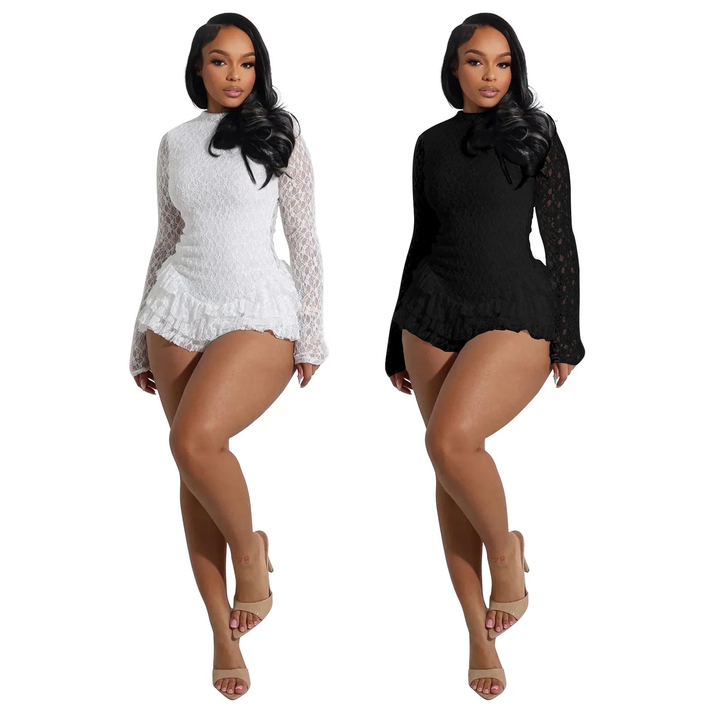 CM.YAYA Women Long Sleeve Lace Ruffles Ruched High Waist Short Jumpsuit Streetwear Backless Street One Piece Romper Playsuit
