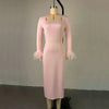 New Arrival Women Sexy High Waisted Long Sleeve Feather Trim Split Bandage Dress OL 2025 Elegant Evening Club Party Dresses