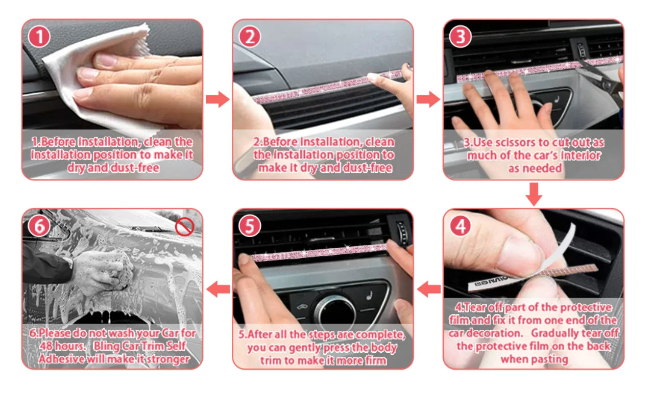 Pink Bling Car Trim Self-Adhesive 16.4Ft Rhinestone Car Interior Accessories for Women Car Crystal Door Stickers Car Dashboard s