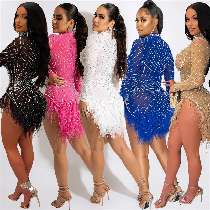 Sexy Pearls Rhinestone Party Dresses Women Elegance Nightclub Feather Birthday Dress Long Sleeve Mesh Sheer Bodycon Mini Dress