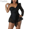 Women Sexy Solid Color One Shoulder Ruffles Decor Skinny Rompers Backless Playsuits with Belt
