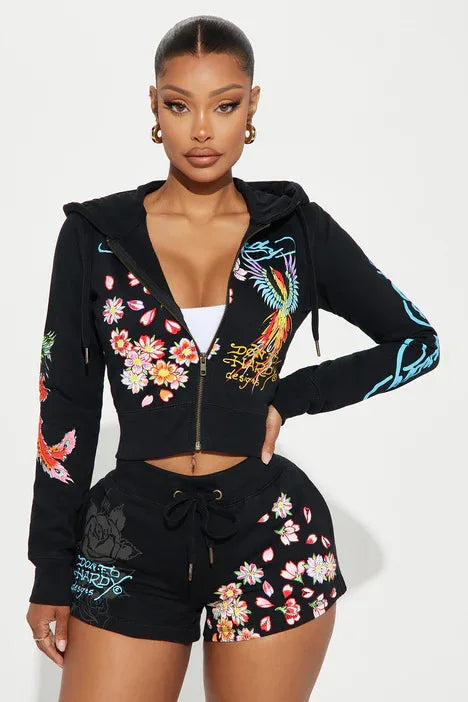 Sifreyr Street Printed Fashionable Casual Versatile Shorts Set Hooided Long Sleeved Zipper Cardigan Jacket High Waist Suit