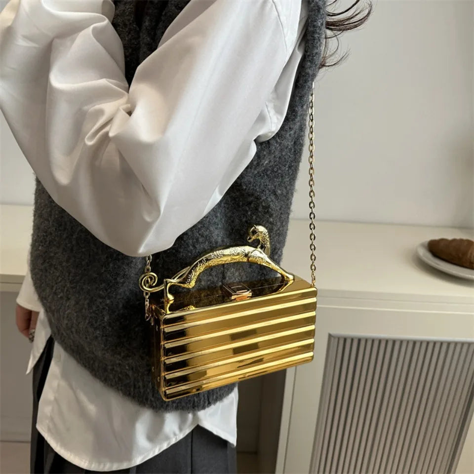 Leopard handle Luxury Gold Silver Party Evening Bag For Women Chain Clutch Handbags And Purses Mini Crossbody Shoulder Phone Bag