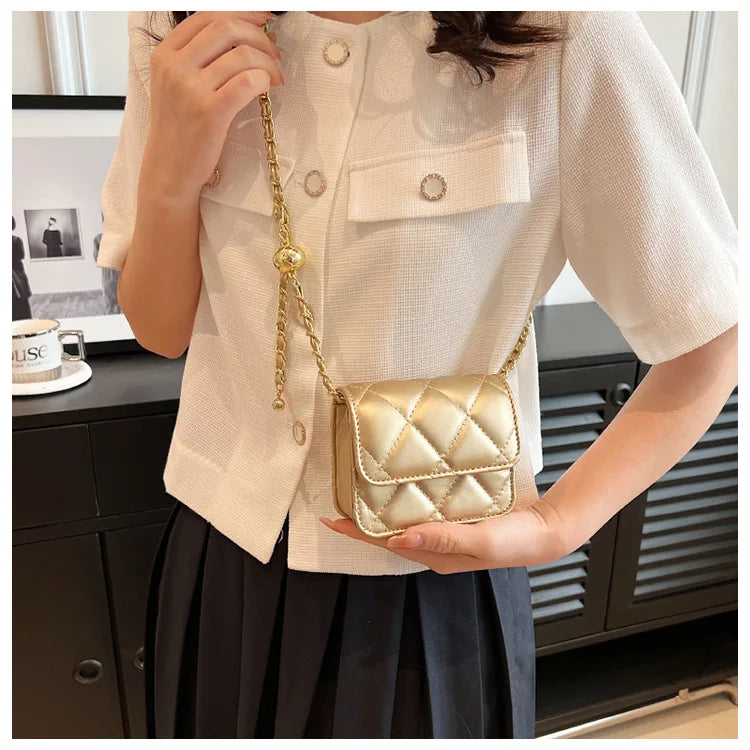 Simple And Versatile Texture Mini Bag With Gold Ball Chain Strap Shoulder Bag Crossbody Bag 	Purse Women's Bag