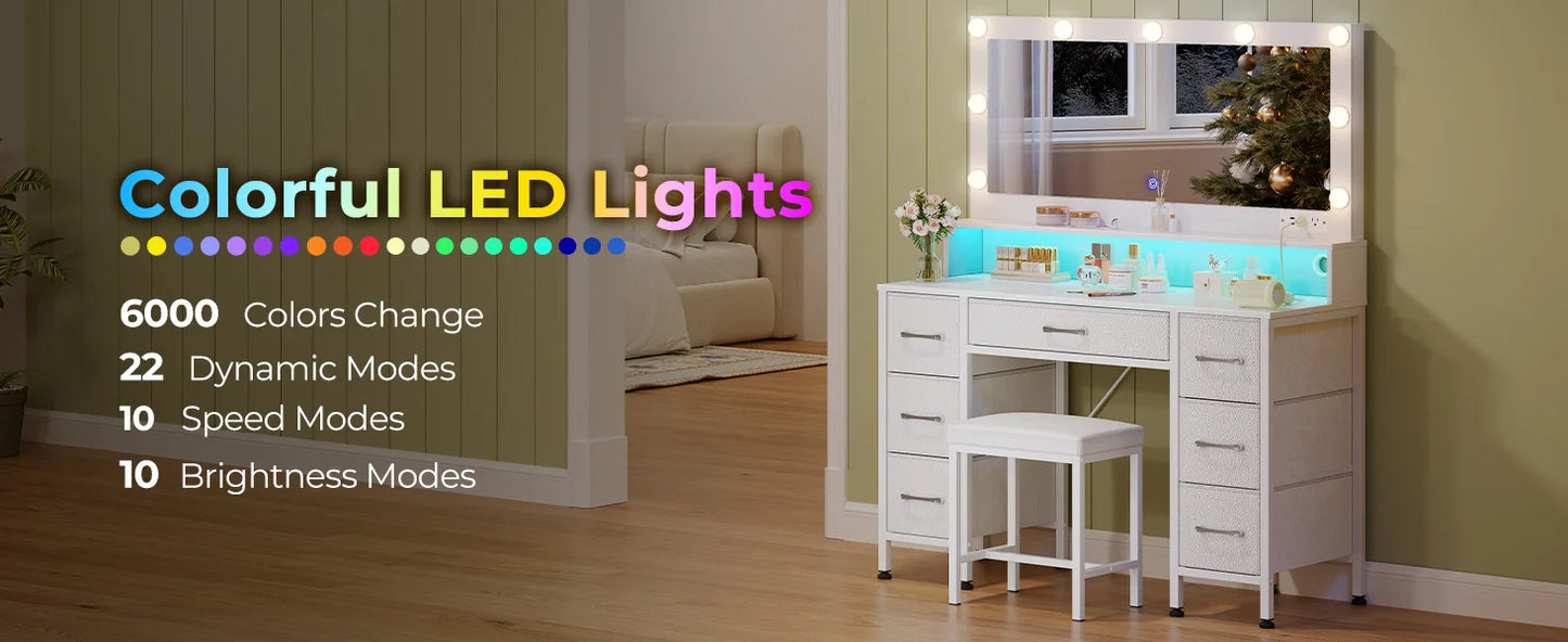 Vanity Desk with Mirror and Lights, Makeup Vanity with Upholstered Vanity Stool, 7 Fabric Drawers, 9 Dimmable LED Bulbs, Vanity