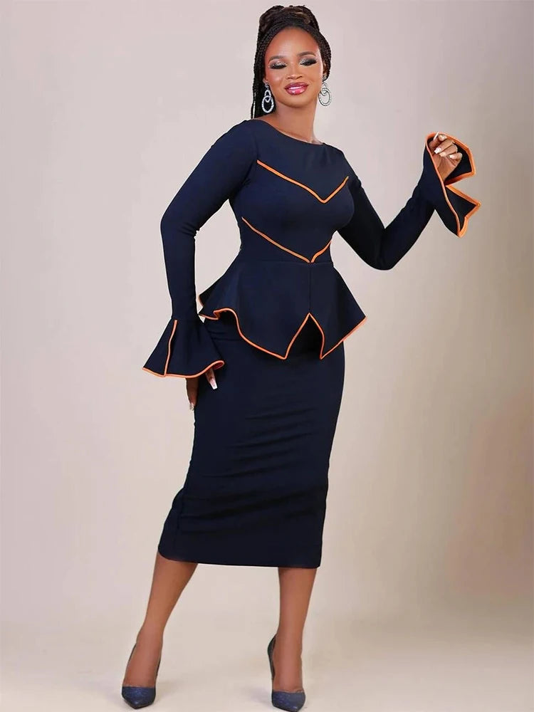 Elegant Women's Office Dress Round Neck Ruffle Edge Long Sleeved Dresses Formal Business Color Blocked Line Workwear New Style
