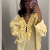 Solid Ruffles Full Sleeve Chiffon Shirt Women Casual Loose V Neck Long Sleeves Street Blouses 2025 Spring Summer Holiday Tops