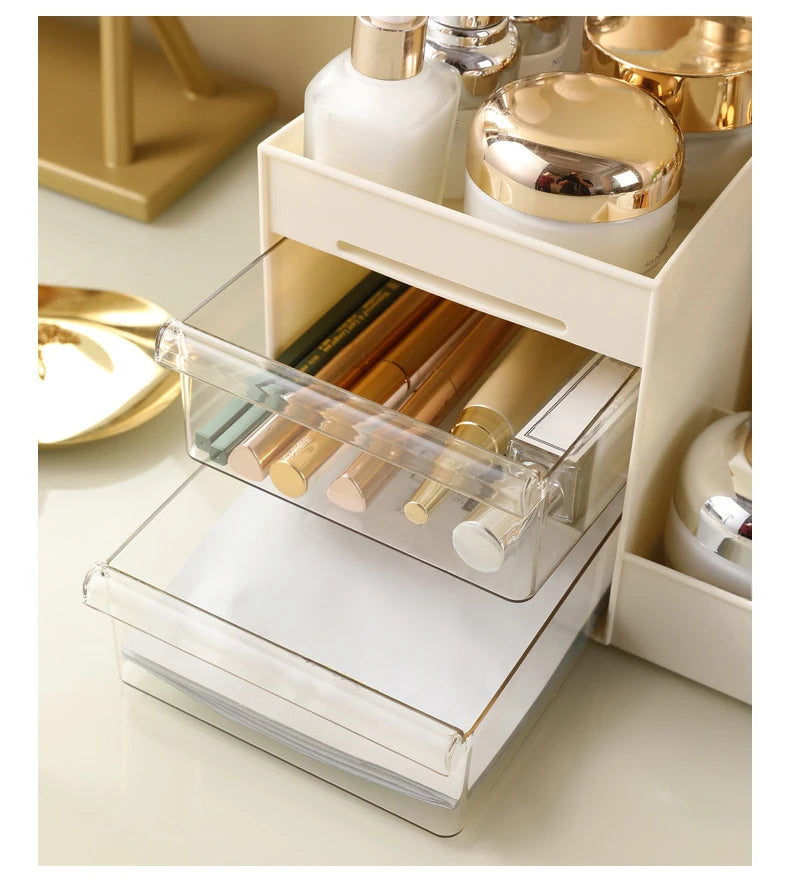 1PC Transparent Drawer Style Makeup Box Dormitory Organizer Plastic Cosmetics Skincare Dressing Table Desktop Storage Box S/M/L