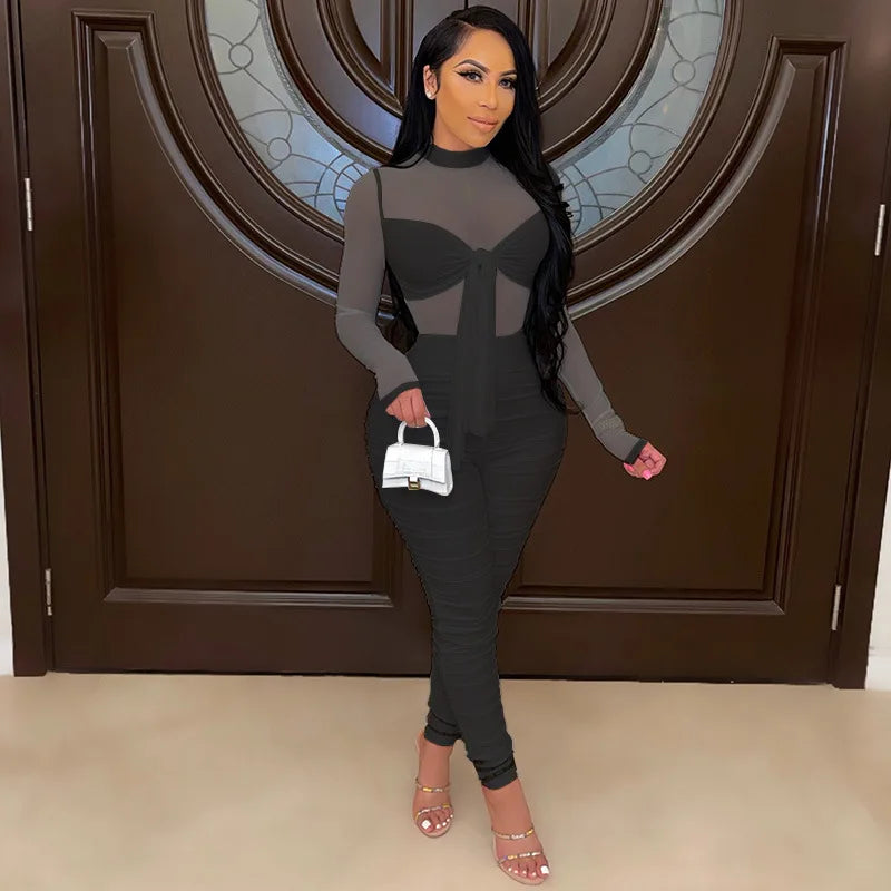 Sexy Mesh Patchwork Jumpsuits for Women Elegant Long Sleeve Bandage One Piece Party Long Bodysuit