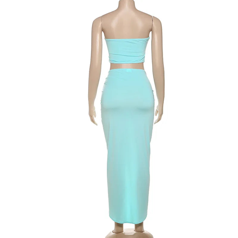 VEITCHE Summer Women Hollow Metal Buckle 2 Piece Skirt Sets Sexy Ruche Tops And Split Maxi Skirt Matching Clubwear Outfits