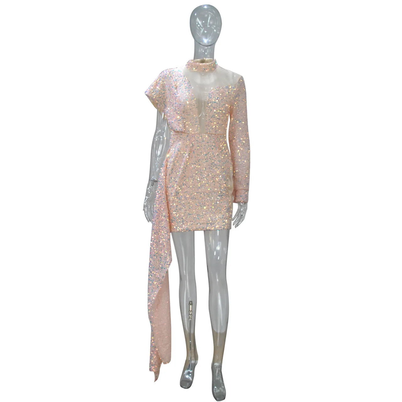 Autumn and Winter Women's Clothing Semi-turtleneck Mesh Beads Tight Hip-wrapped Sexy Evening Dress