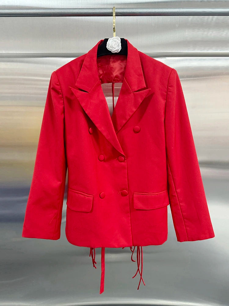 VGH Minimalist Patchwork Drawstring Solid Blazers For Women Notched Collar Long Sleeve Backless Hollow Out Blazer Female Style