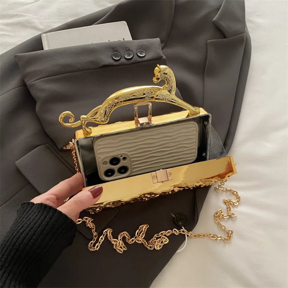 Leopard handle Luxury Gold Silver Party Evening Bag For Women Chain Clutch Handbags And Purses Mini Crossbody Shoulder Phone Bag