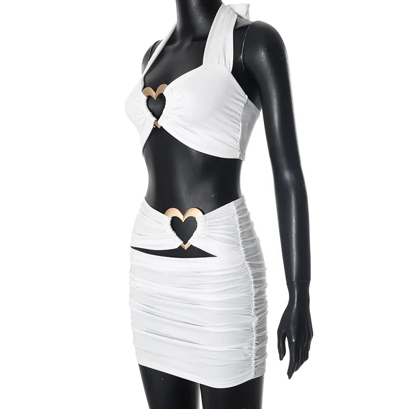 Sexy Metal Loving Heart 2 Piece Dresses Sets Halter Bandage Corset Tops and Mini Skirts Night Club Outfit White Black Streetwear