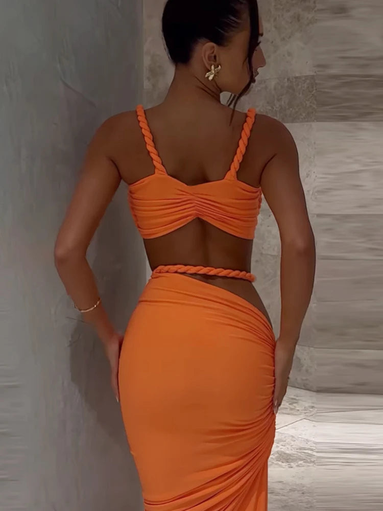 Nibber Sexy Women 2 Piece Set Bandage Ruched Square Collar Bra+Skinny Long Skirts 2025 Summer Vacation Beach Party Trend Suits