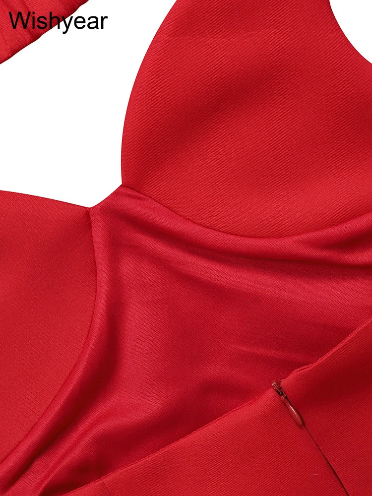 Fashion Halter A-line Deep V Off Shoulder Backless Birthday Women Red Mini Dress Sleeveless Ruched Princess Party Bodycon Robe