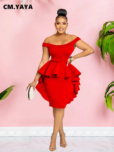 CM.YAYA Women Zipper Side Ruffles Off Shoulder Short Sleeve V-neck Bodycon Midi Dress 2023 Club Evening Sexy Party Dresses