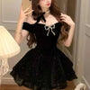Black French Vintage Elegant Design Woman Dress Gothic Off Shoulder Retro Mini Dress Female Fairy Birthday Party Chic Outfits
