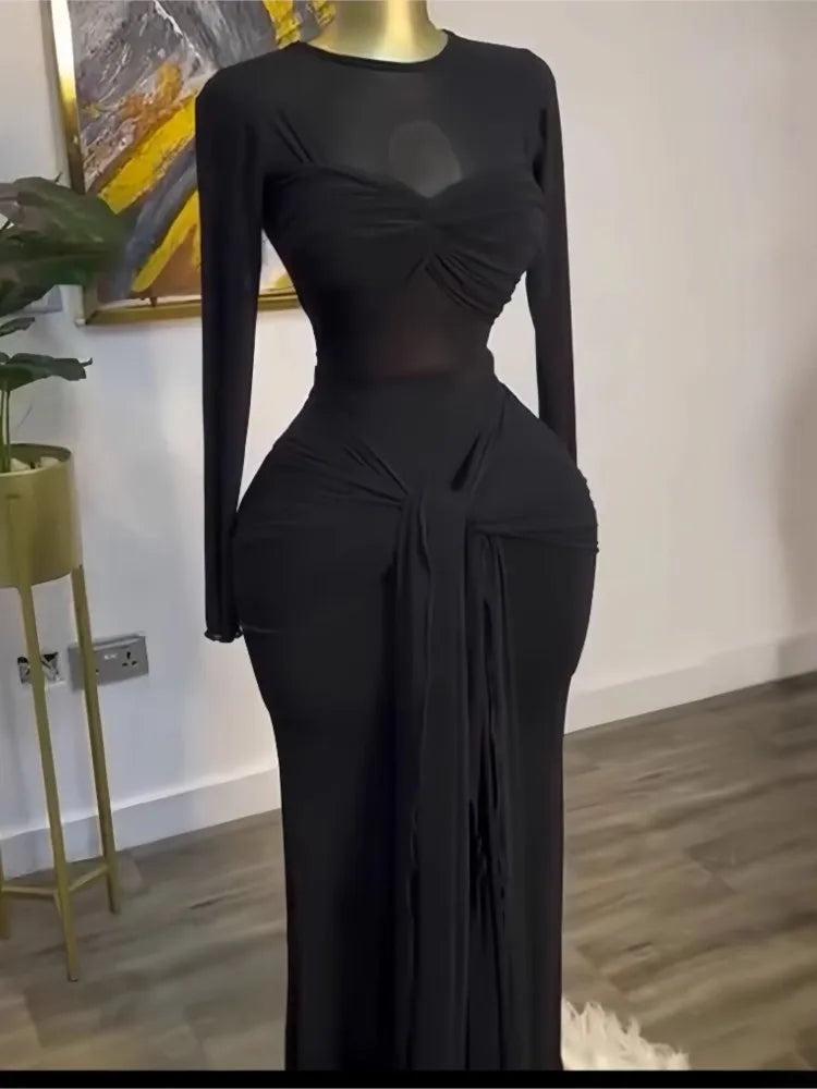 New Women's Long Dresses Sexy Round Neck Full Sleeve High Waist Elegant Splice Bodycon Evening Vestidos Maxi Party Night Dress