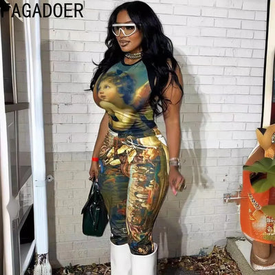 FAGADOER Fashion Print 2 Piece Sets Woman Outfit Oil Painting Sleeveless Crop Top and Pants Female Streetwear Summer Spring New