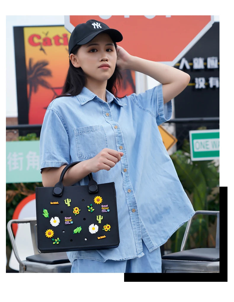 EVA Large Leather Shoulder Bag Handbag Tote Bag Storage for Women Casual Waterproof Beach Bag Hole Fit Charm Fashion Storage Bag