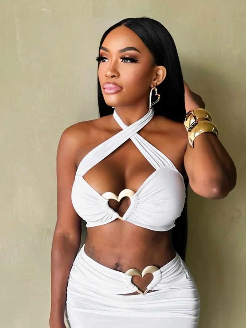 Sexy Metal Loving Heart 2 Piece Dresses Sets Halter Bandage Corset Tops and Mini Skirts Night Club Outfit White Black Streetwear