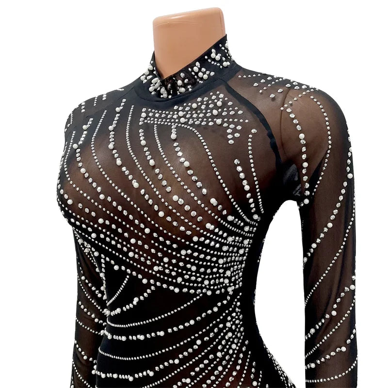 Sexy Pearls Rhinestone Party Dresses Women Elegance Nightclub Feather Birthday Dress Long Sleeve Mesh Sheer Bodycon Mini Dress