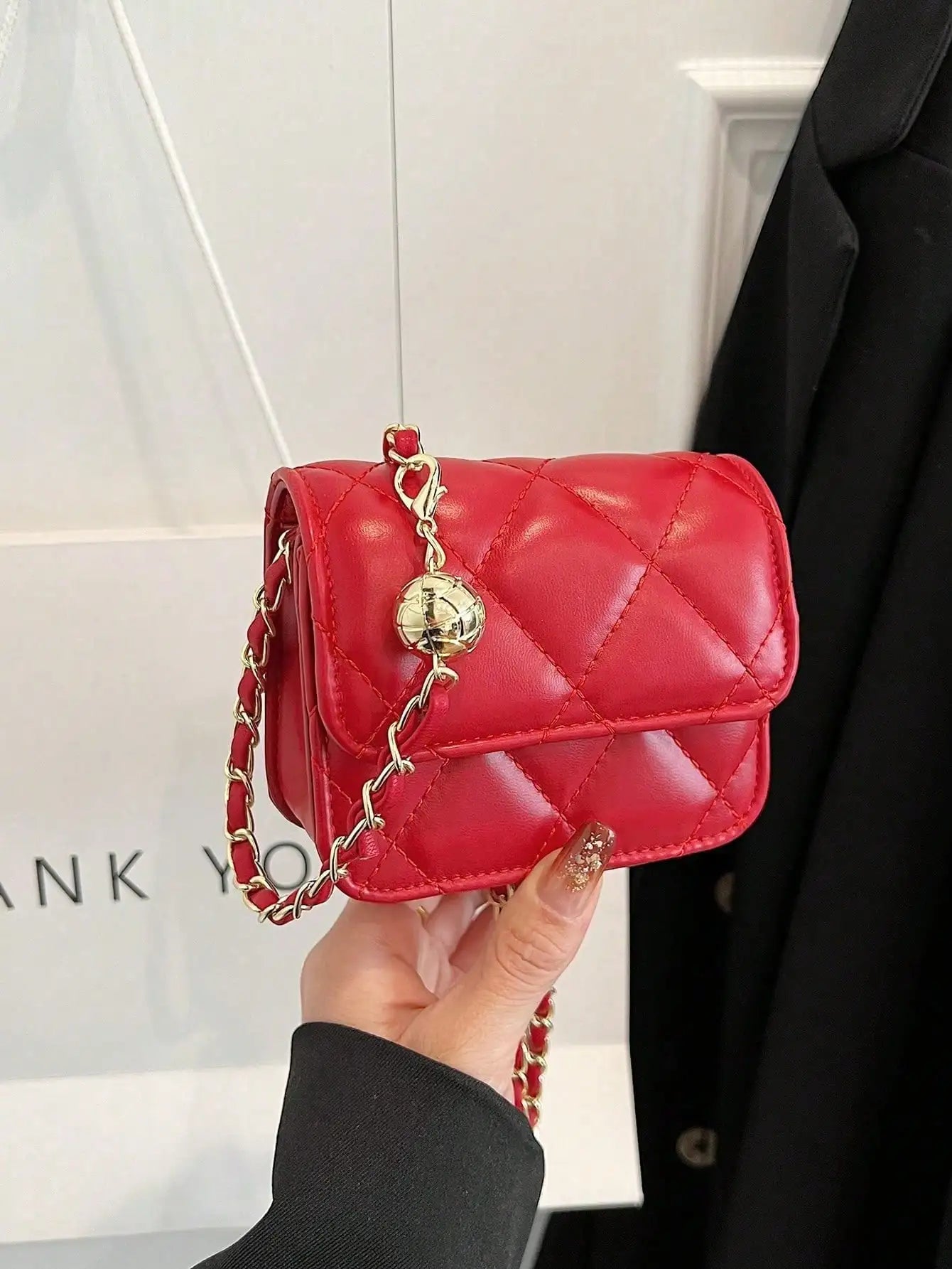Simple And Versatile Texture Mini Bag With Gold Ball Chain Strap Shoulder Bag Crossbody Bag 	Purse Women's Bag