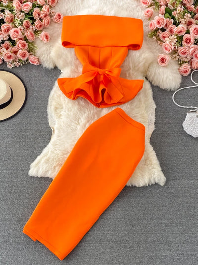 Bodycon Elegant Skirt Sets Womens 2 Pieces Sexy Peplum Tops Bare Shoulder Sashes Up Pencil Skirts Party Club Prom Evening Suits