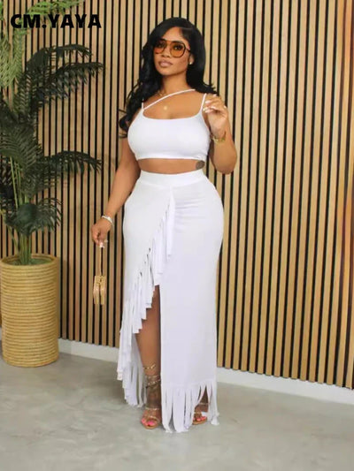 CM.YAYA Summer Women Sets Sleeveless Sexy Strap Crop Top and Tassel Long Skirt Sets Night Club Party Beach 2 Two Piece Sets