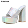 Aneikeh 2025 New Fashion Open Toe Platform High Heel Women Summer Mules Slip-On Outdoor Slippers Sandals Size 35-42 Silver Gold