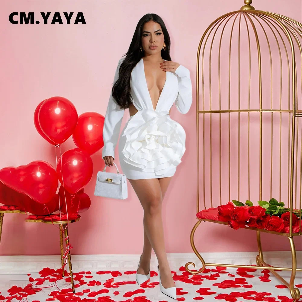 CM.YAYA Women Rose Floral Applique Long Sleeve Bodycon Mini Midi Dress Winter V-neck Club Sexy Party Evening Dresses Vestidos
