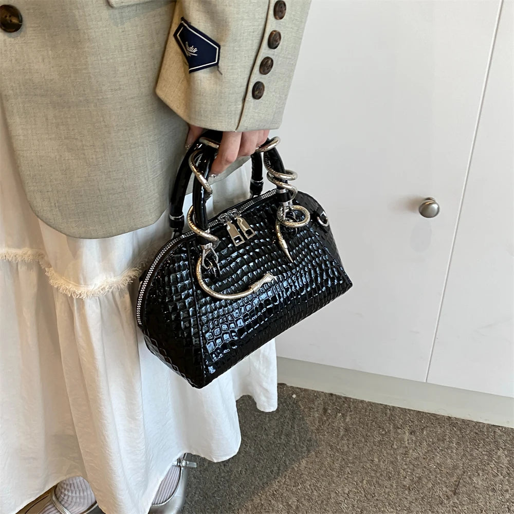 MOODS Designer Luxury Bags For Women Crocodile Pattern Top-handle Shell Bag With Snake Hardware Wild Shoulder Crossbody Handbags