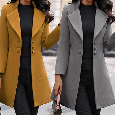 Autumn Winter Women Coats Fashion Lapel Collar Korean Style Slim Jackets Mid-Length Solid Color Button Office Lady Clothes - MAGUSTA BEAUTY