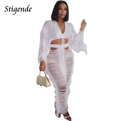 Women Summer Beach 2 Piece Skirt Set Long Sleeve Crop Top and Maxi Skirt Crochet Swimwear Fringe Tassel Hollow Out Loose Outfits