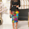 2024Spring Summer Women 3PCS Crop Top & Shorts Set with Tropical Print Sheer Mesh Bodycon Dress Sexy Lady Three Piece Dress Set