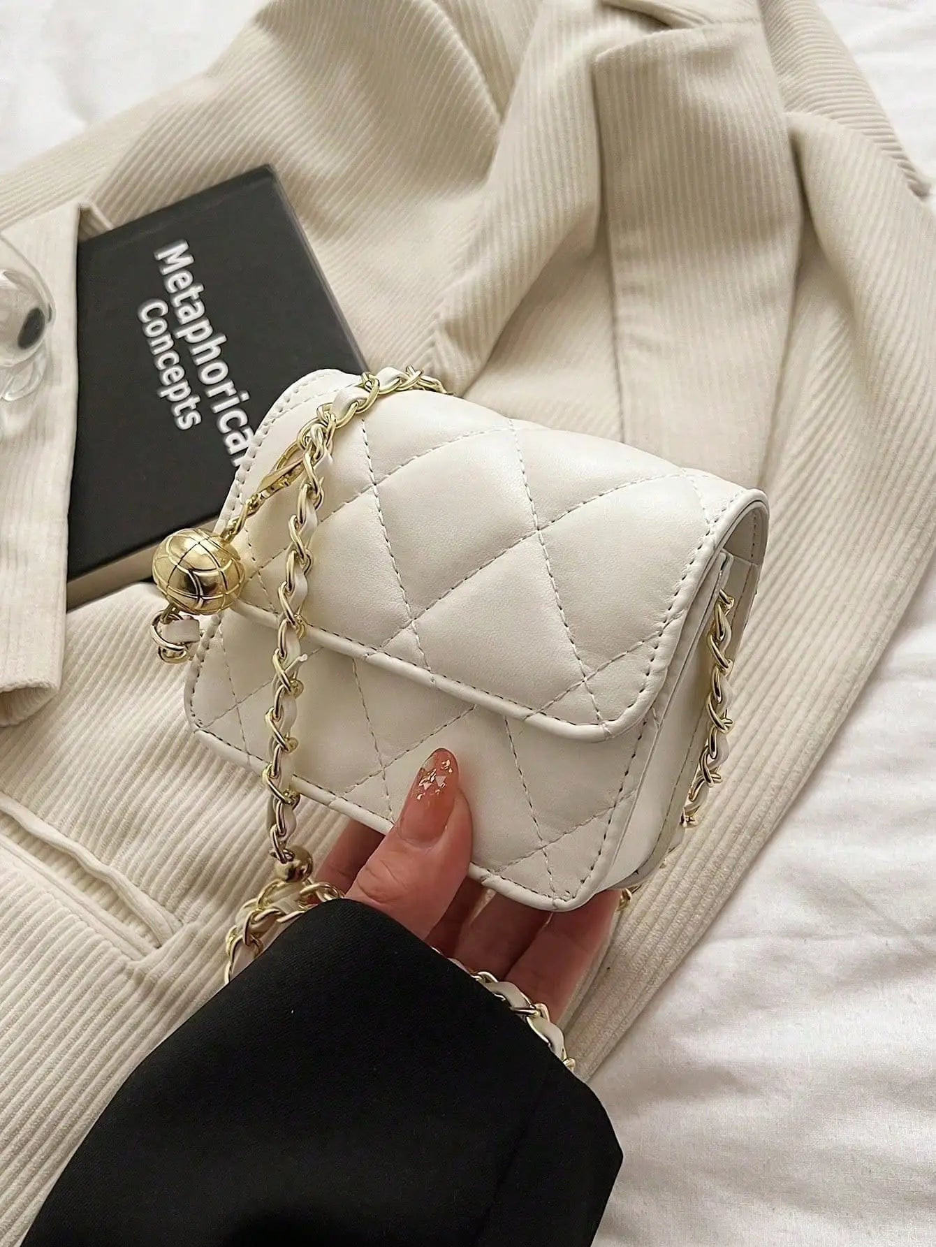 Simple And Versatile Texture Mini Bag With Gold Ball Chain Strap Shoulder Bag Crossbody Bag 	Purse Women's Bag