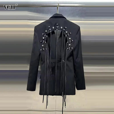 VGH Minimalist Patchwork Drawstring Solid Blazers For Women Notched Collar Long Sleeve Backless Hollow Out Blazer Female Style