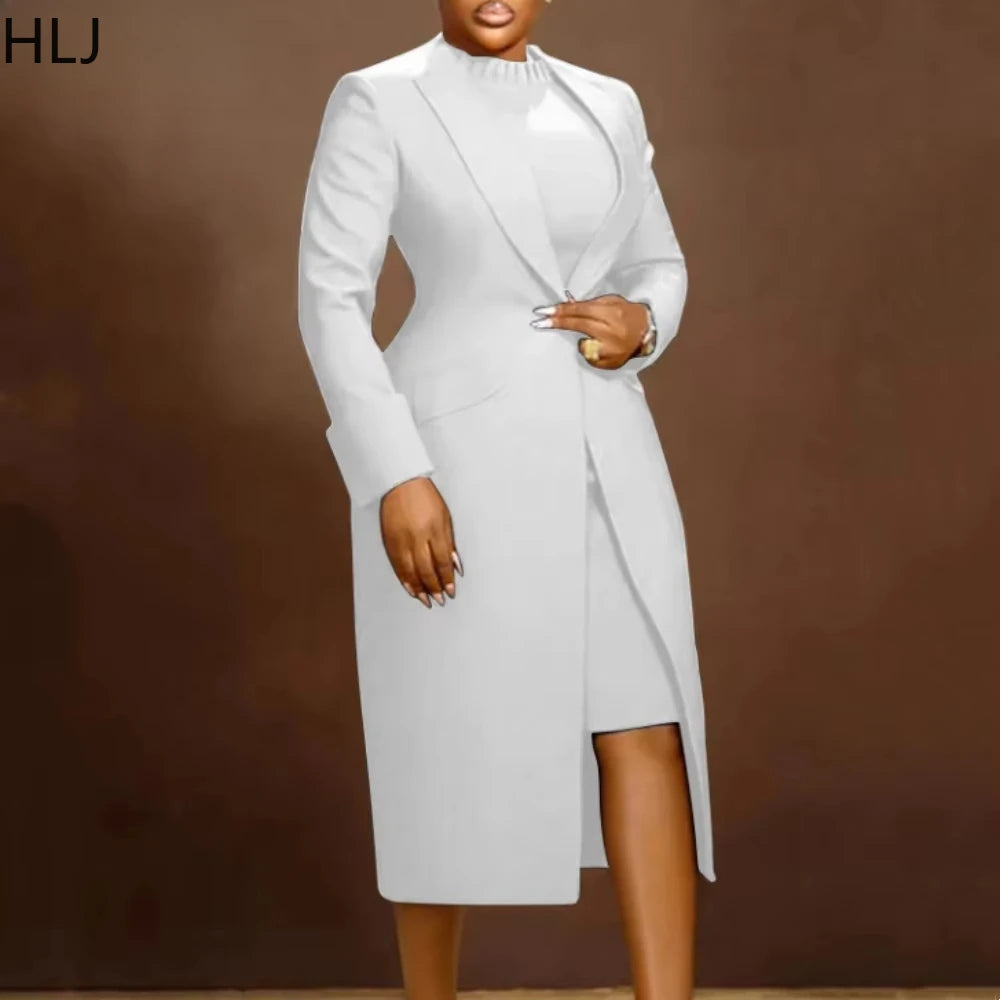HLJ High Quality Elegant Office Lady Blazer Two Piece Sets Women Lapel Long Sleeve Coat And Slim Dress Outfit Female Clothing