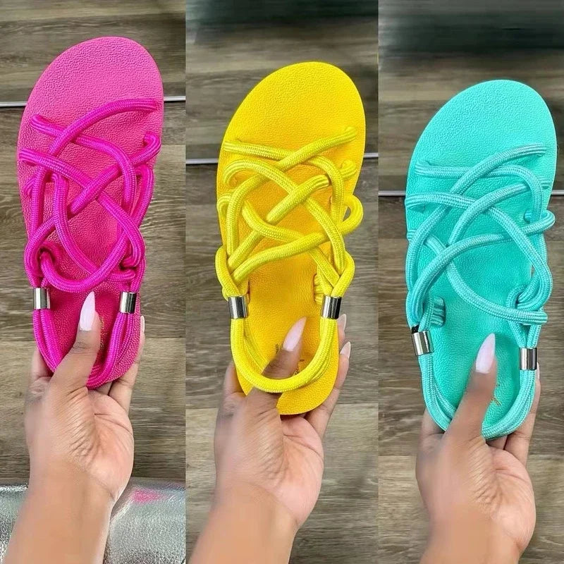 Large size women sandals 2022 summer flat women's shoes hemp rope set foot beach sandals outdoor all-match casual slippers
