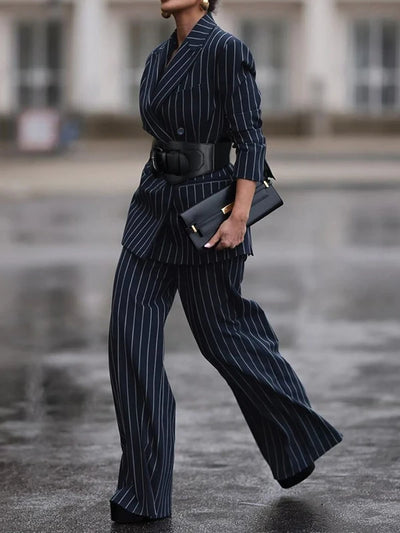Modigirl 2025 New Blazers for Women Fall Spring Outerwear V-Neck Long Sleeves Striped Urban Ladies Clothing Jacket with Belt