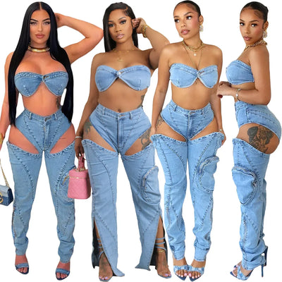 Denim Pants Sets for Women 2024 Sexy Streetwear Two Piece Set Outfits Chest Wrap Sleeveless Backless Top Hollow Out Jeans