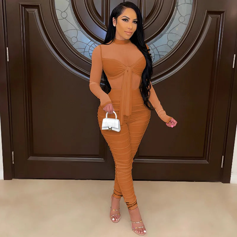 Sexy Mesh Patchwork Jumpsuits for Women Elegant Long Sleeve Bandage One Piece Party Long Bodysuit