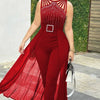 2025 Summer Women's Sexy Round Neck Rhinestone Sheer Mesh Sleeveless Jumpsuit with Belt New Fashion Rompers Womens Jumpsuit