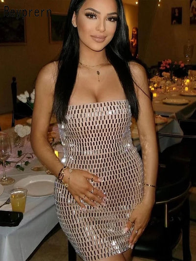 Beyprern Sparkle Off The Shoulder Black Rhinestone Sequin Mini Dress Women Glam Sleeveless Tube Diamonds Night Out Dress Vestido