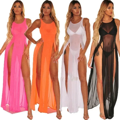 Top Fashion Transparent Sexy Split Long Sleeping Dress Super Elastic Multi-color Mesh Beach Skirt Women Nightgown Lingerie Dress
