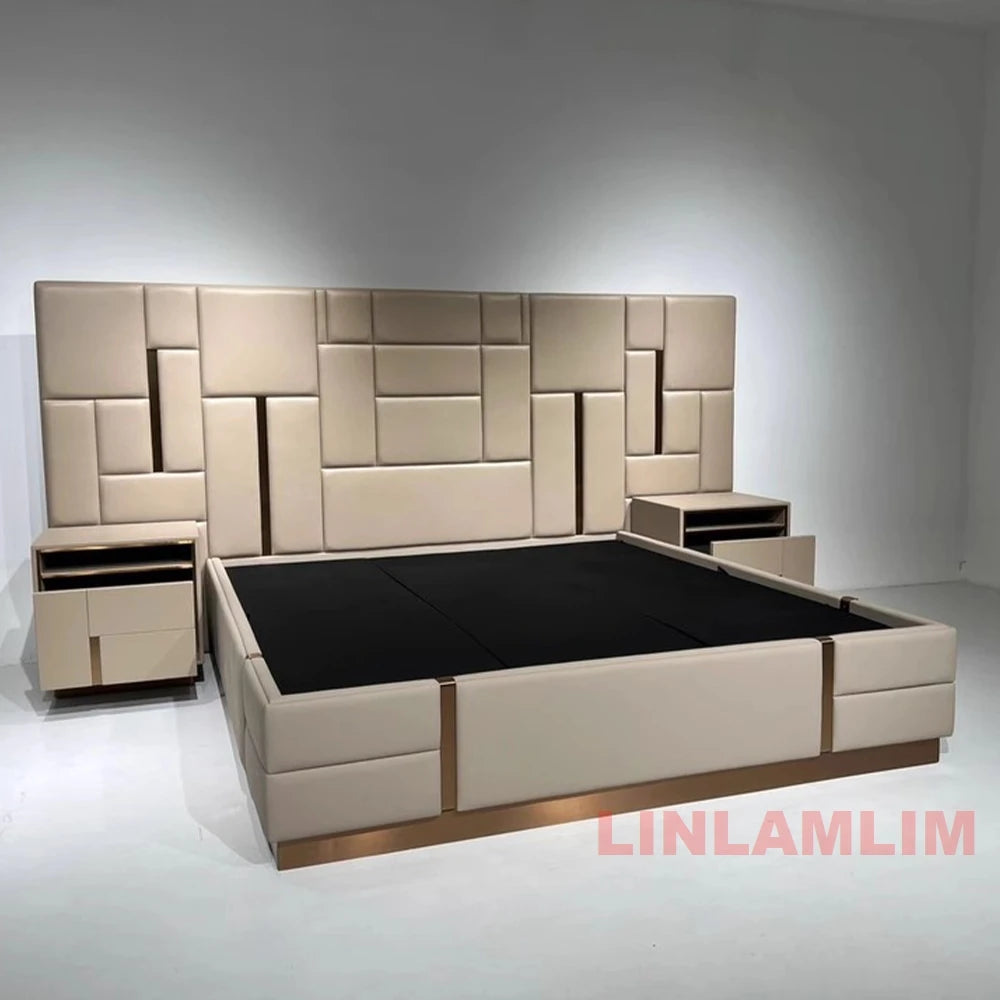MANBAS Luxury Modern King Size Bed with Soft Upholstered Headboard and Storage Nightstands - Genuine Leather Bedroom Furniture