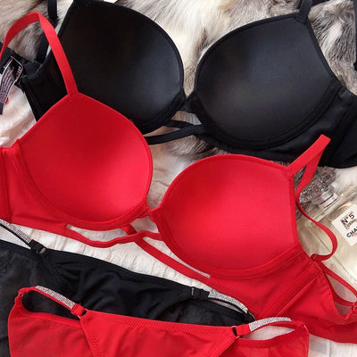 2 Pieces Sexy Underwear Set for Women Classic Cross Hollow Bra Sparkle Rhinestones Lingerie Deep V Push Up Brassiere Set