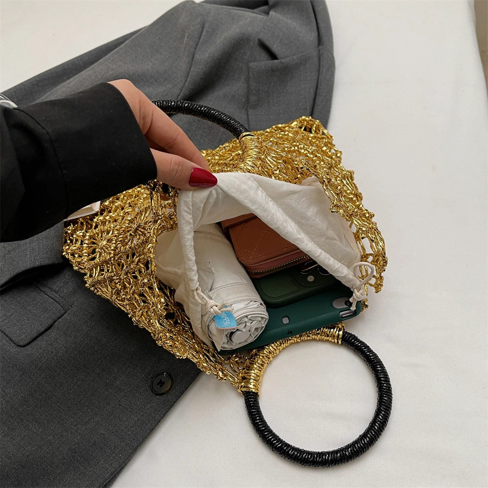 MOODS Handmade Woven Design Round Handle Handbags For Women Eco-friendly Craft Paper Hollow-out Luxury Designer Top-handle Bags