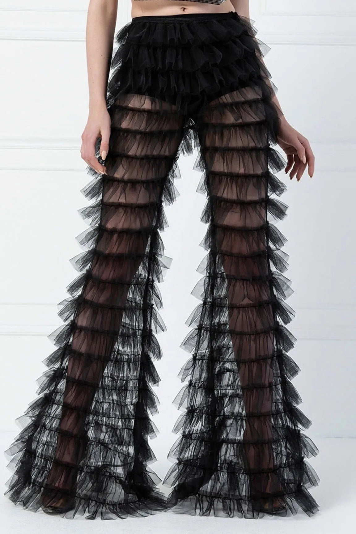 Cryptographic Fashion Tiered Mesh Sheer Flare Pants Rave Festival Outfits for Women Halloween Sexy Pants Streetwear Bottoms